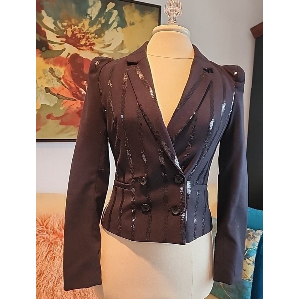 H&M “ Jackson “ Blazer Jacket Black Sequins Striped Padded Shoulders SZ 4